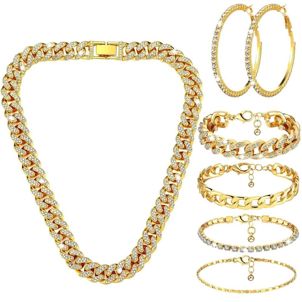 Gold 6 Pcs Silver&Gold Jewelry Sets Cuban Link Chain Necklace Bracelet
